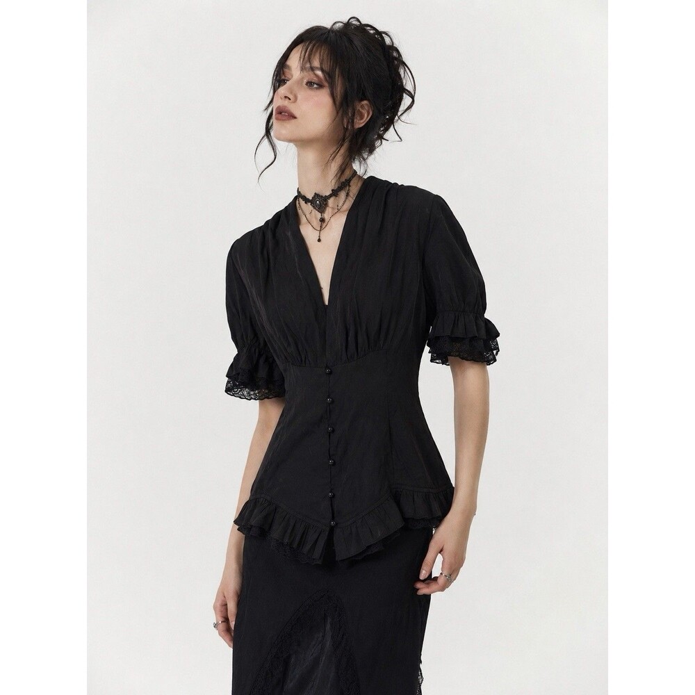 Scarlet Darkness XL Gothic Victorian Corset Blouse Black Whimsigoth Lace Top
